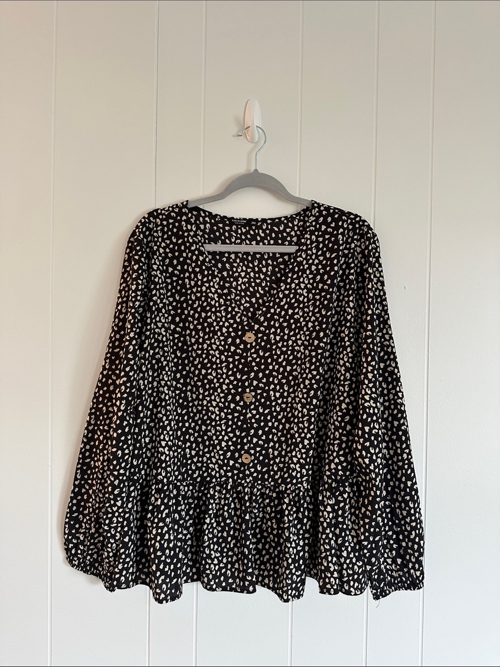 Black and Cream Printed Peplum Button-Front Women’s Top